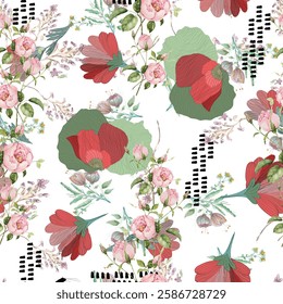 Watercolor flower vector continuous, seamless watercolor flower, floral pattern, flowing repeat pattern, blue and green floral for textile, fashion, fabric, scarf, pattern. 