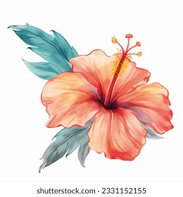 Watercolor flower. Vector tropical flower with green leaves. Green foliage, wild floral. 