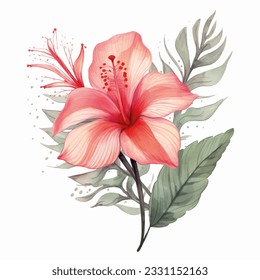 Watercolor flower. Vector tropical flower with green leaves. Green foliage, wild floral. 