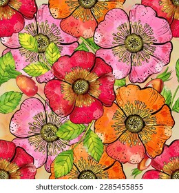 Watercolor flower wild rose seamless pattern. Bright flowers and wild rose berries hand drawn, vector. Botanical background design for print fabric, paper, Summer flowers seamless wallpaper