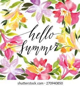 Watercolor flower wreath. Illustration. Hand lettering. Handmade. Painting. Summer. Flowers.