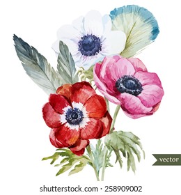 watercolor, flowers, anemone, feathers, bouquet