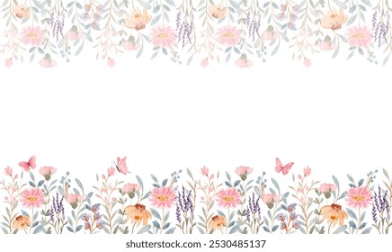 watercolor flowers background for design. Floral border frame card template. Vector design illustration. for banner wedding card. 