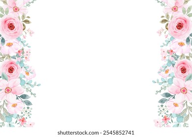 Watercolor flowers background for design. Floral border frame card template. pink pastel color flower