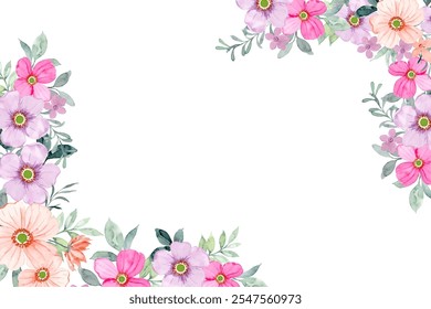 Watercolor flowers background for design. Floral border frame card template.