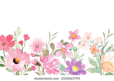 Watercolor flowers background for design. Floral border frame card template.