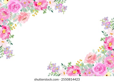 Watercolor flowers background for design. Floral border frame card template.