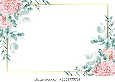 Watercolor flowers background for design. Floral border gold frame card template.