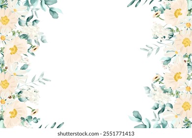 Watercolor flowers background for design. Floral border frame card template.