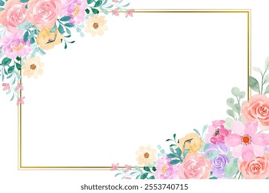 Watercolor flowers background for design. Floral border frame card template.