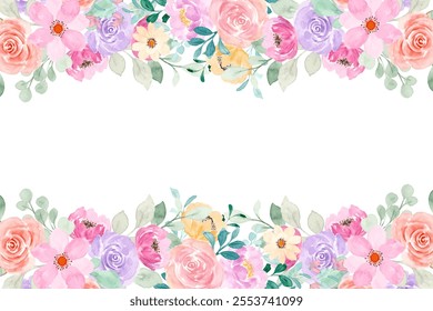 Watercolor flowers background for design. Floral border frame card template.