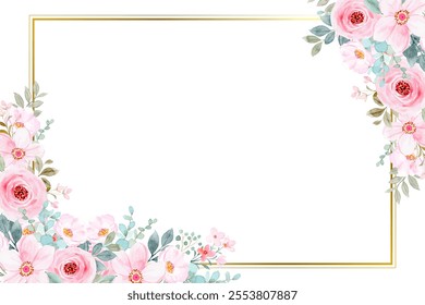 Watercolor flowers background for design. Floral border frame card template.