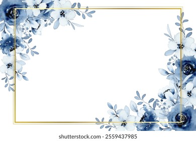 watercolor flowers background for design. Floral border gold frame card template.