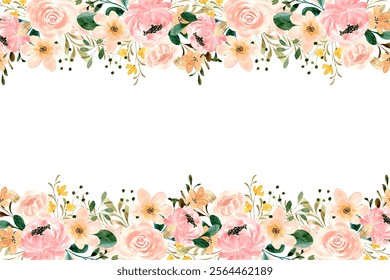 Watercolor flowers background for design. Floral border frame card template.