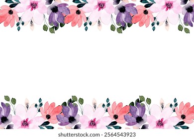 Watercolor flowers background for design. Floral border frame card template.