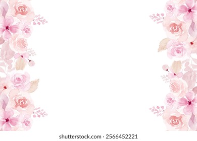 Watercolor flowers background for design. Floral border frame card template.