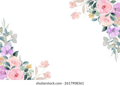 Watercolor flowers background for design. Floral border frame card template. Vector design illustration. for banner, wedding card.