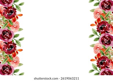 Watercolor flowers background for design. Floral border frame card template. Vector design illustration. for banner, wedding card.