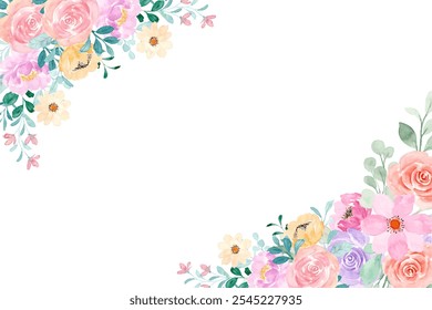 Watercolor flowers background for design  pastel color. Floral border frame card template.