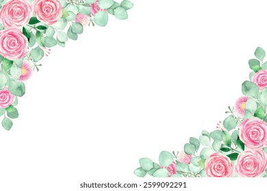 Watercolor flowers background for design pink color. Floral border frame card template.