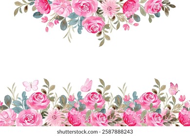 Watercolor flowers background frame for design. Floral border frame card template.