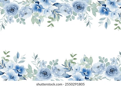Watercolor flowers background vector for design. Floral border blue color flower frame card template.