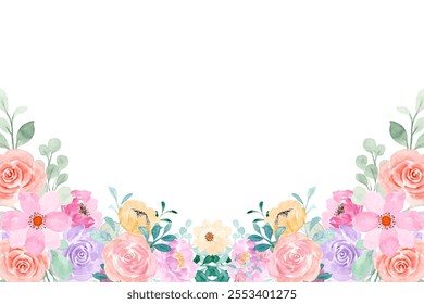 Watercolor flowers background vector for design. Floral border pastel color flower frame card template.