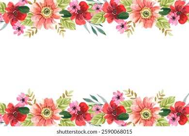 Watercolor flowers background vector for design, red pink and peach flower.