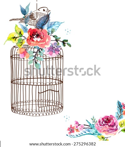 Watercolor flowers and bird cage for Happy Birthday design or wedding invitation design, save the date illustration or Valentine's day design, VECTOR