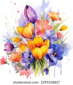 Watercolor flowers with a blue and pink flower