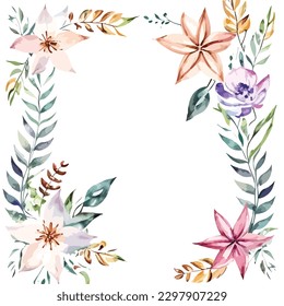 Watercolor flowers botanical greeting frame illustration for a wedding invitation