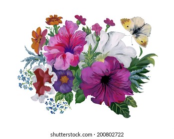 Watercolor flowers bouquet and butterfly vector