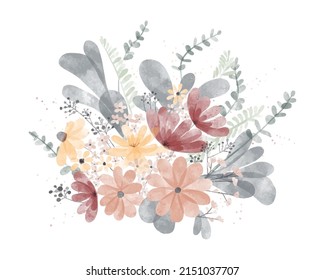 Watercolor flowers bouquet. Floral illustration, leaf and buds. Botanic composition for wedding or greeting card. Branch of wildflowers flowers