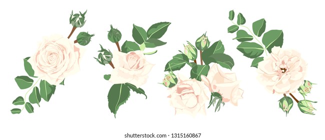 Watercolor Flowers Bouquet, Floral Wedding Collection. Vintage Vector Roses and Decorative Rustic Elements in Pastel Color Design. Spring Flower Illustration for Card and Invite. Isolated Wreath Set.