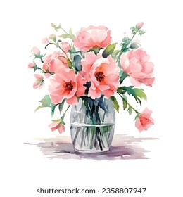 Watercolor flowers bouquet in vase. Design for greetings, card, invitation, flyer, banner.