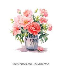 Watercolor flowers bouquet in vase. Design for greetings, card, invitation, flyer, banner.