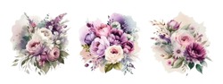 Bouquets De Fleurs à L'aquarelle Isolés Sur Fond Blanc. Ensemble élégant De Fleurs De Mariage D'automne.Les éléments Sont Isolés Et Modifiables