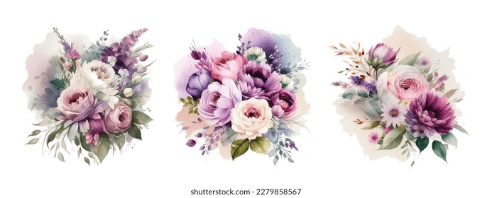 Watercolor flowers bouquets isolated on white background. Stylish fall wedding bunch of flowers.Elements are isolated and editable