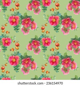 Watercolor flowers and briars seamless pattern on green background vector illustration