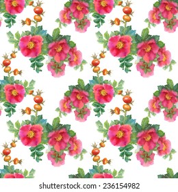 Watercolor flowers and briars seamless pattern on white background vector illustration