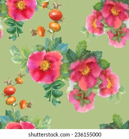 Watercolor flowers and briars seamless pattern on green background vector illustration