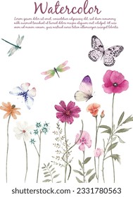 Watercolor flowers and butterflies isolated on white background. Hand drawn illustration.