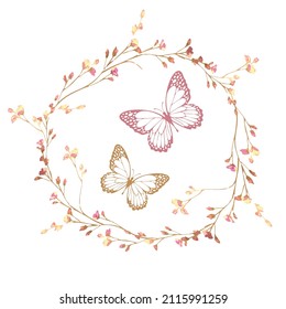 Watercolor Flowers and Butterflies, Vector Design forFashion and Poster Prints, Cute Floral Design, Vintage, Ohone Case, Wall Art, Boho Butterfly