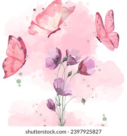 watercolor flowers and butterflies. white background