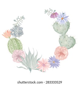 Watercolor flowers and cactus wreath. Floral print