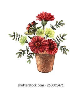 Watercolor flowers in a ceramic pot. Hand painting. Watercolor.  Vector illustration for greeting cards, invitations, and other printing and web projects.