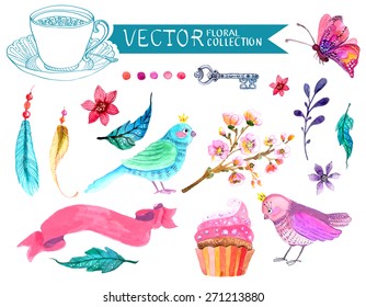 Watercolor flowers collection for different design with bird, feather, butterfly and ribbon, Vector