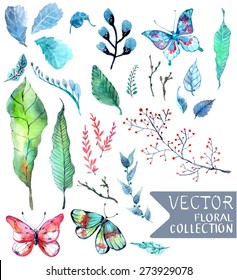 Watercolor flowers collection for different design with natural floral elements and butterfly, Vector