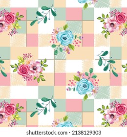 Watercolor flowers with colorful squares and green leaves