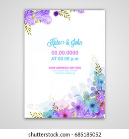 Watercolor flowers decorated background with space for your text, Can be used as greeting card or invitation card design.